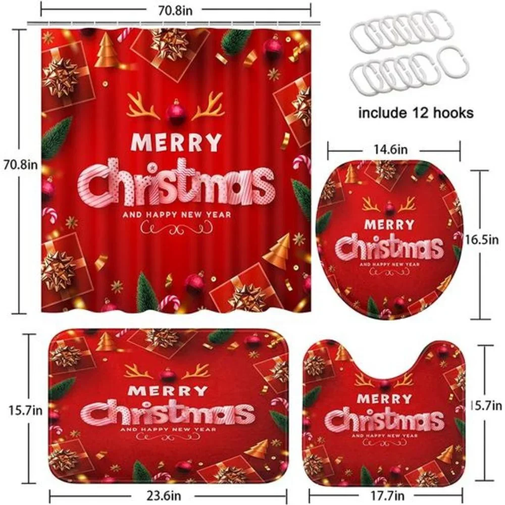 4 Pcs Merry Christmas Bathroom Sets with Shower Curtain and Rugs and Accessories
